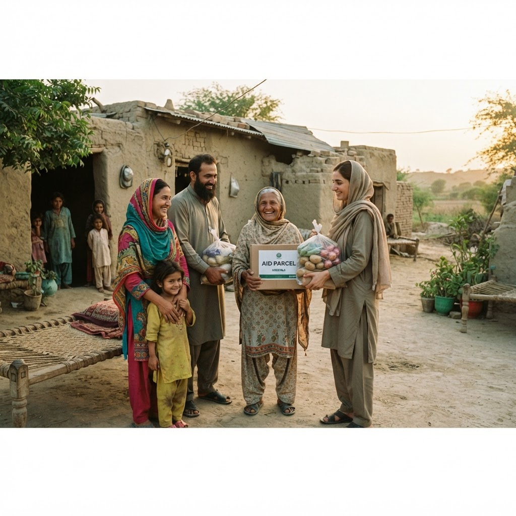 Volunteers sharing essential supplies with a local family
