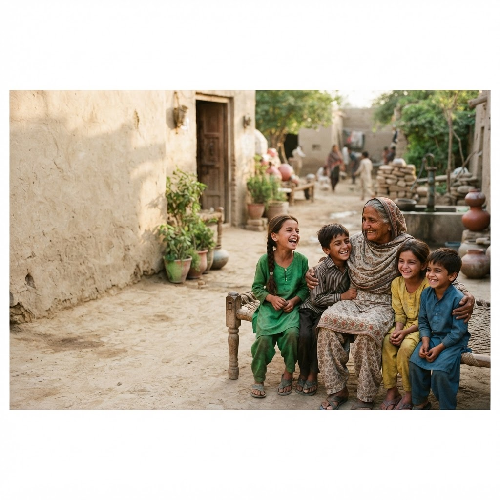 Children and an elder sharing a joyful moment in a village community