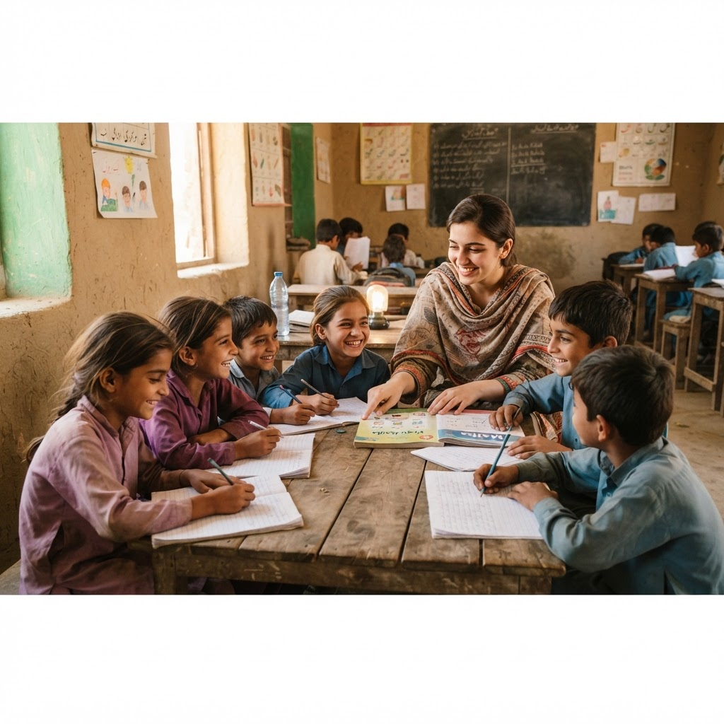 Children learning with a teacher in a village classroom